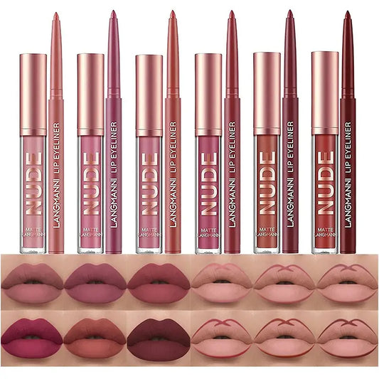 12 Matte  Velvet Nude Liquid Lipstick + Lip Liner Set Lip Gloss